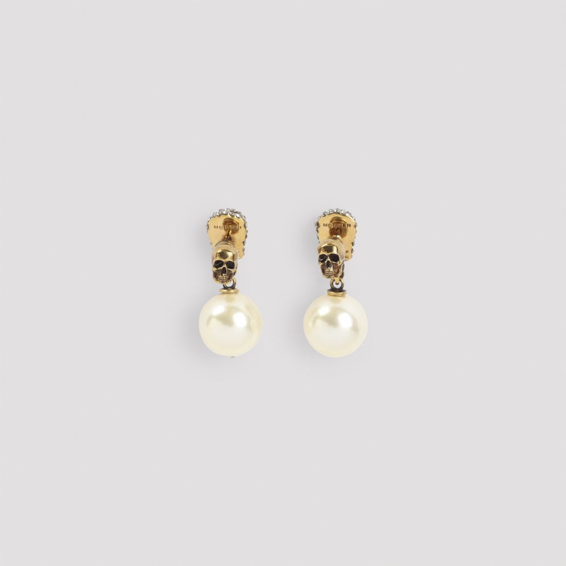 Alexander Mcqueen Brass Skull And Pearl Drop Earrings