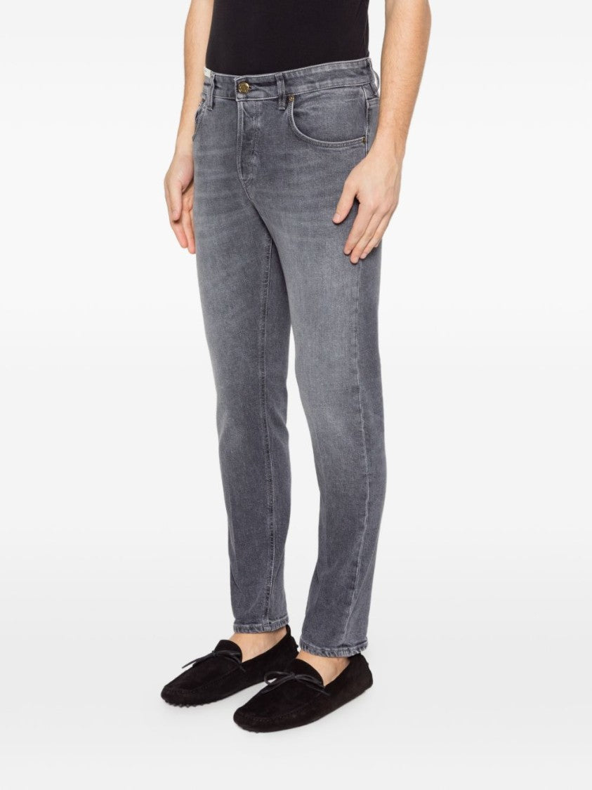 Pt Torino Slim Fit Grey Denim Jeans With Frayed Hem And Five-Pocket Design