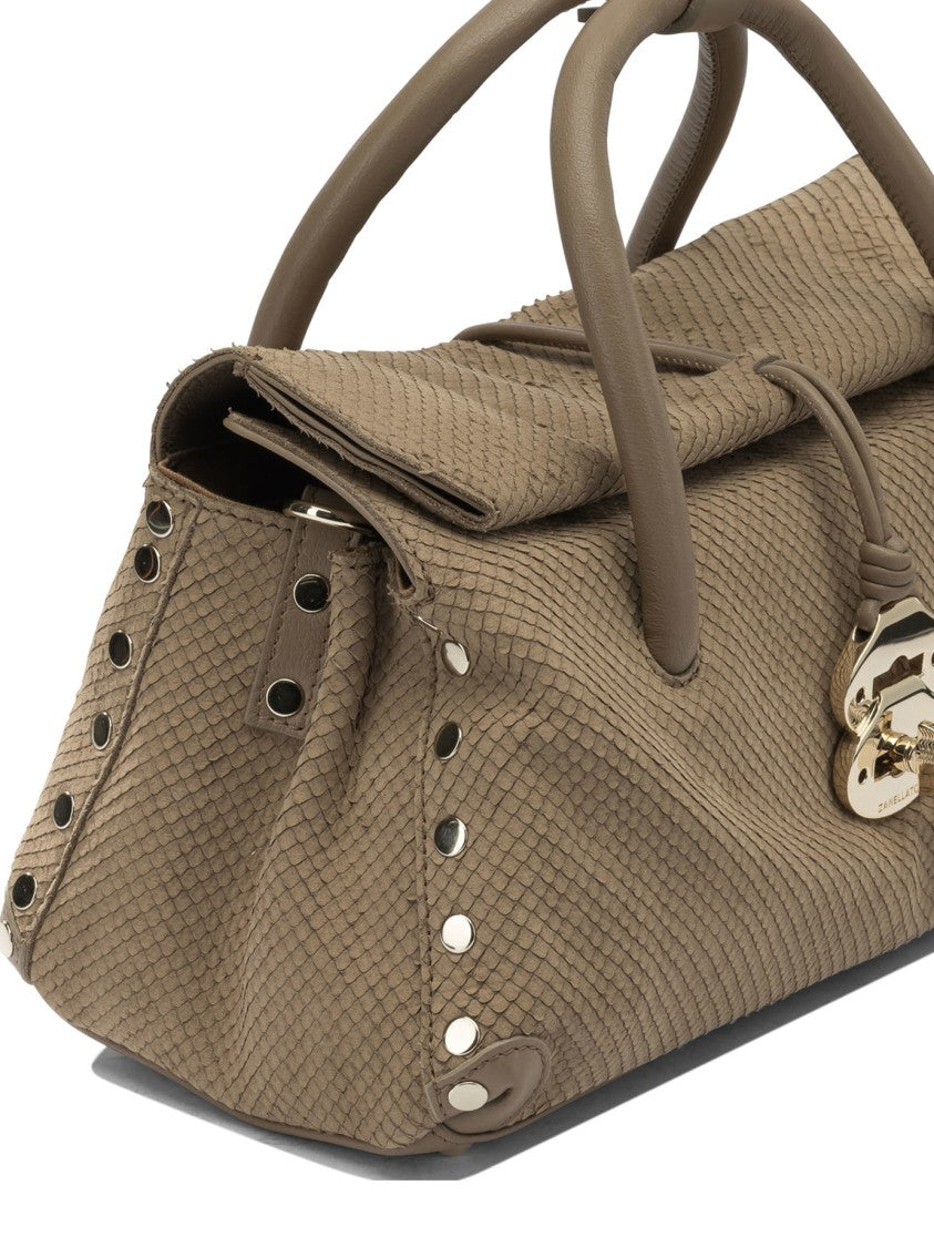 Zanellato Textured Suede Handbag With Metallic Clasp And Stud Detail