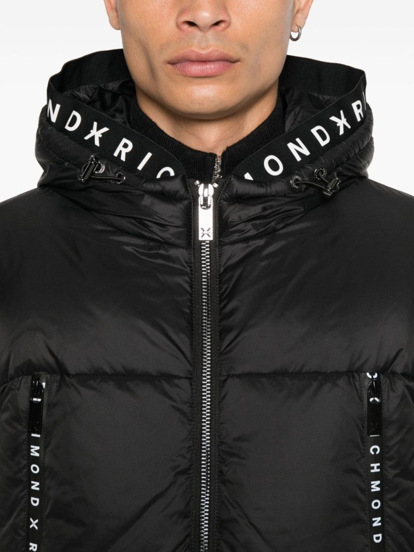 Richmond Puffy Black Jacket With Hood And Zip-Up Front