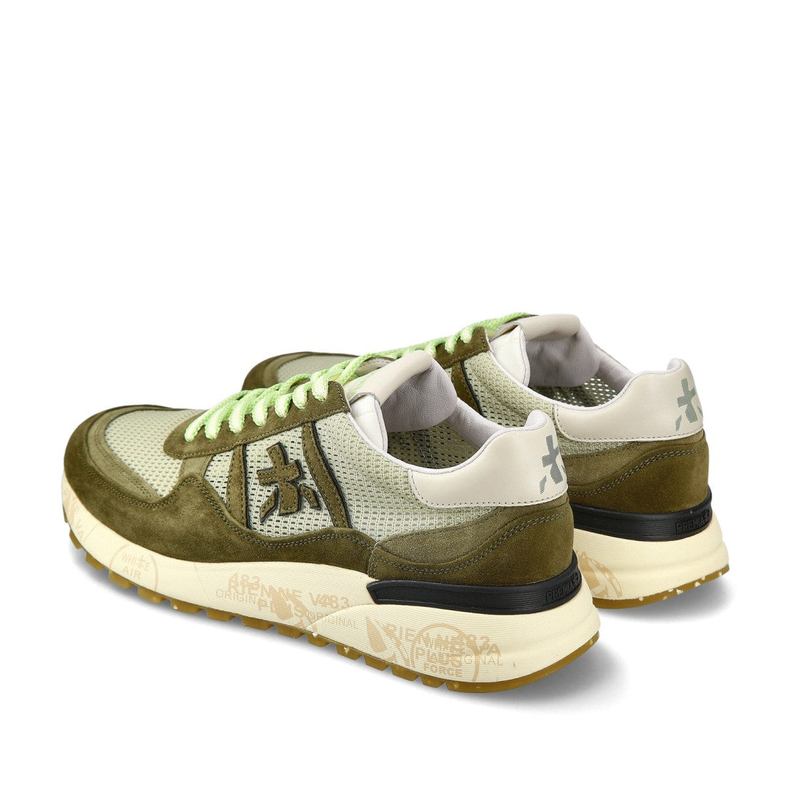 Premiata Landeck Sneakers In Green Suede And Natural Mesh Fabric