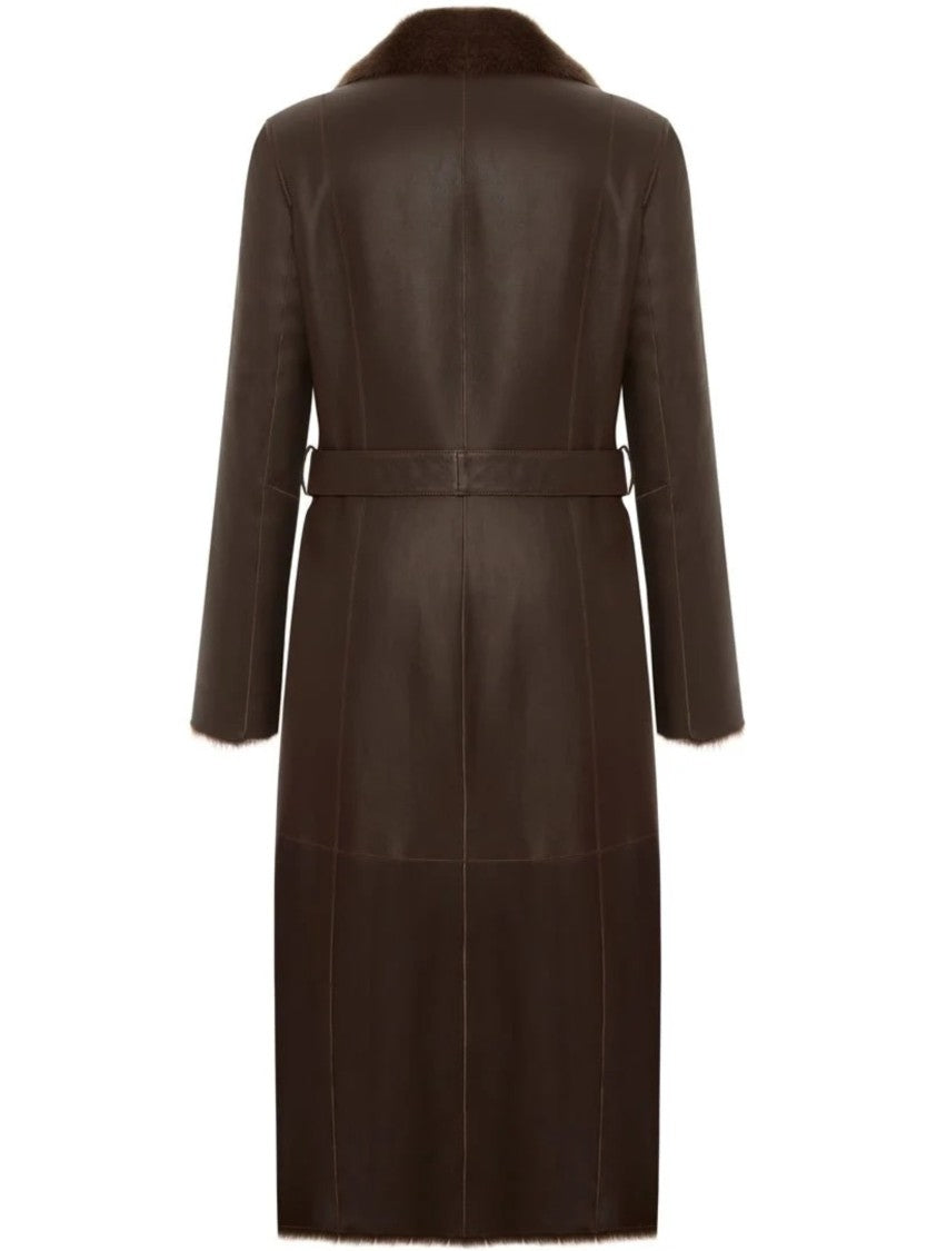 Bigardini Long Brown Merino Shearling Coat With Plush Collar And Tailored Fit