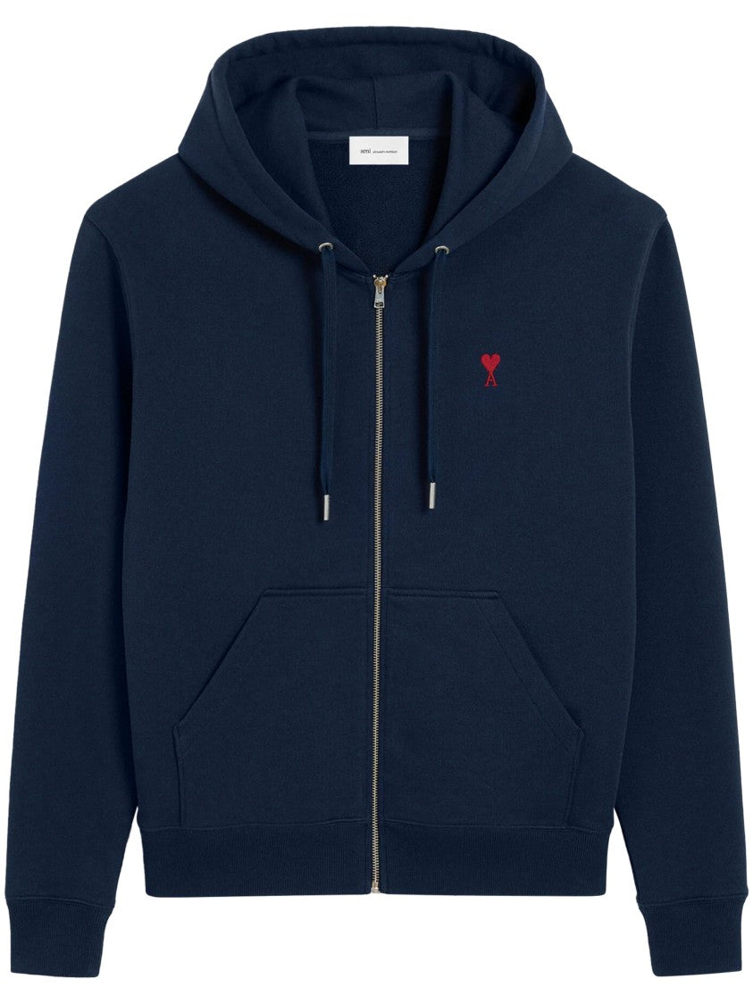 Ami Paris Deep Navy Zipped Hoodie With Embroidered Heart Emblem