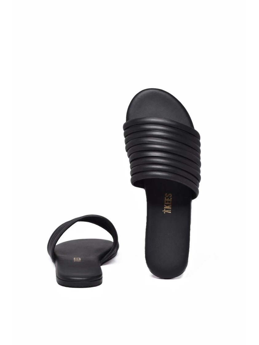 Tkees Black Padded Ribbed Strap Leather Slides