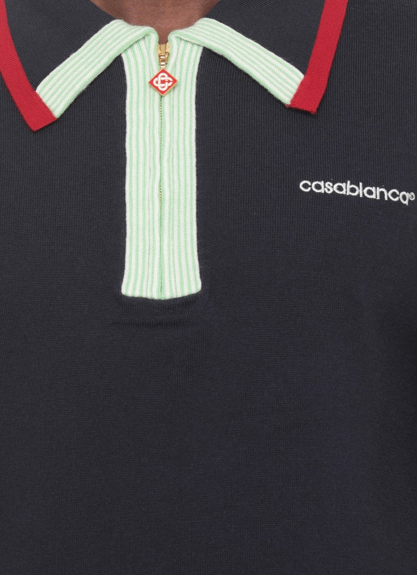 Casablanca Blue Merino Embroidered Polo Shirt