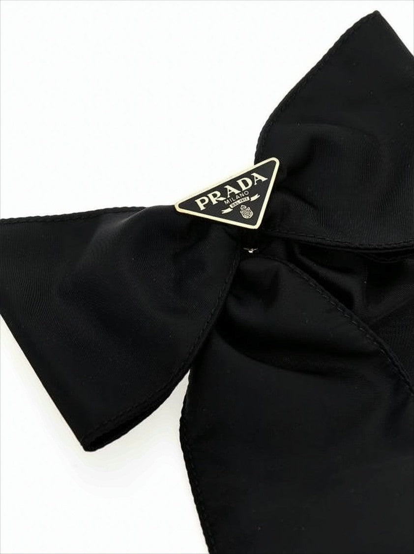 Prada Black Nylon Hair Bow With Triangular Metal Logo
