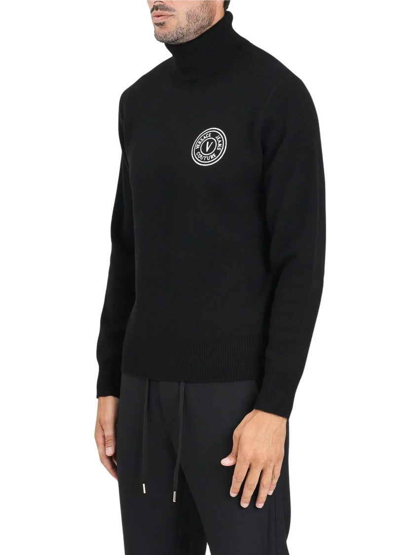 Versace Jeans Couture Black Logo Detail Wool-Blend High-Neck Sweater
