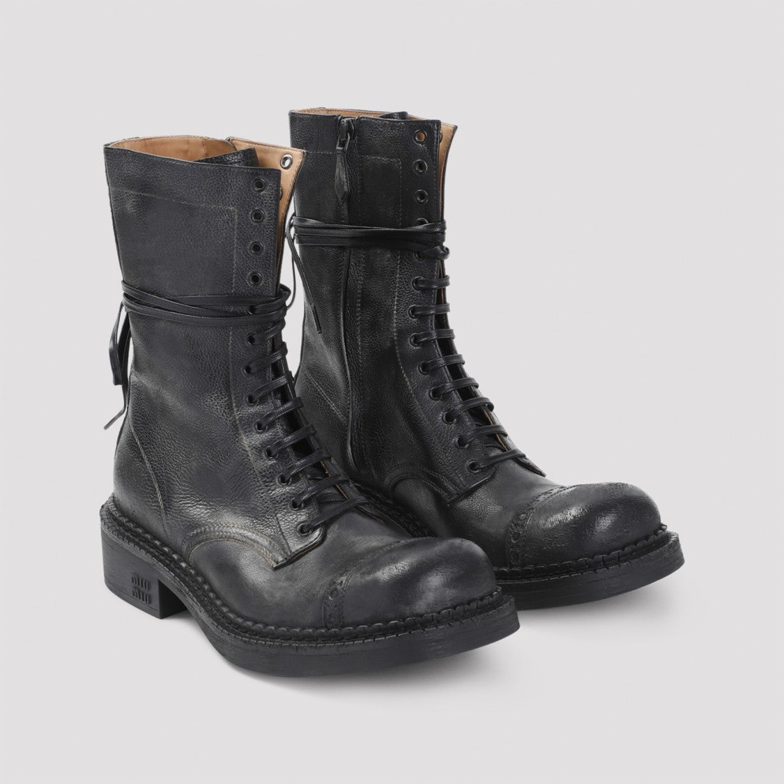 Miu Miu Laced Black Calf Leather Ankle Boots