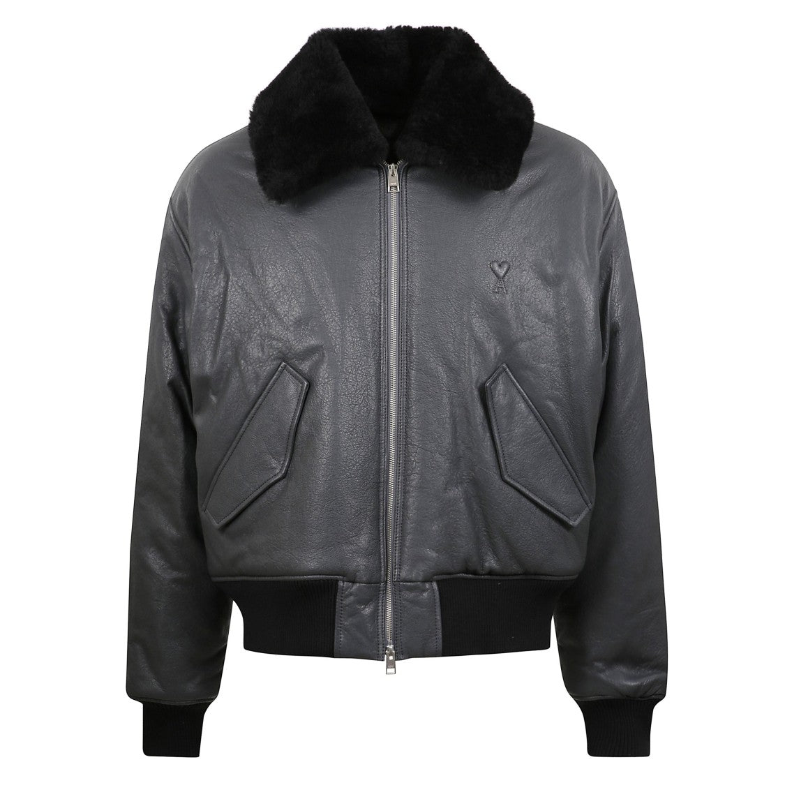 Ami Paris Leather Bomber Jacket With Fur Collar