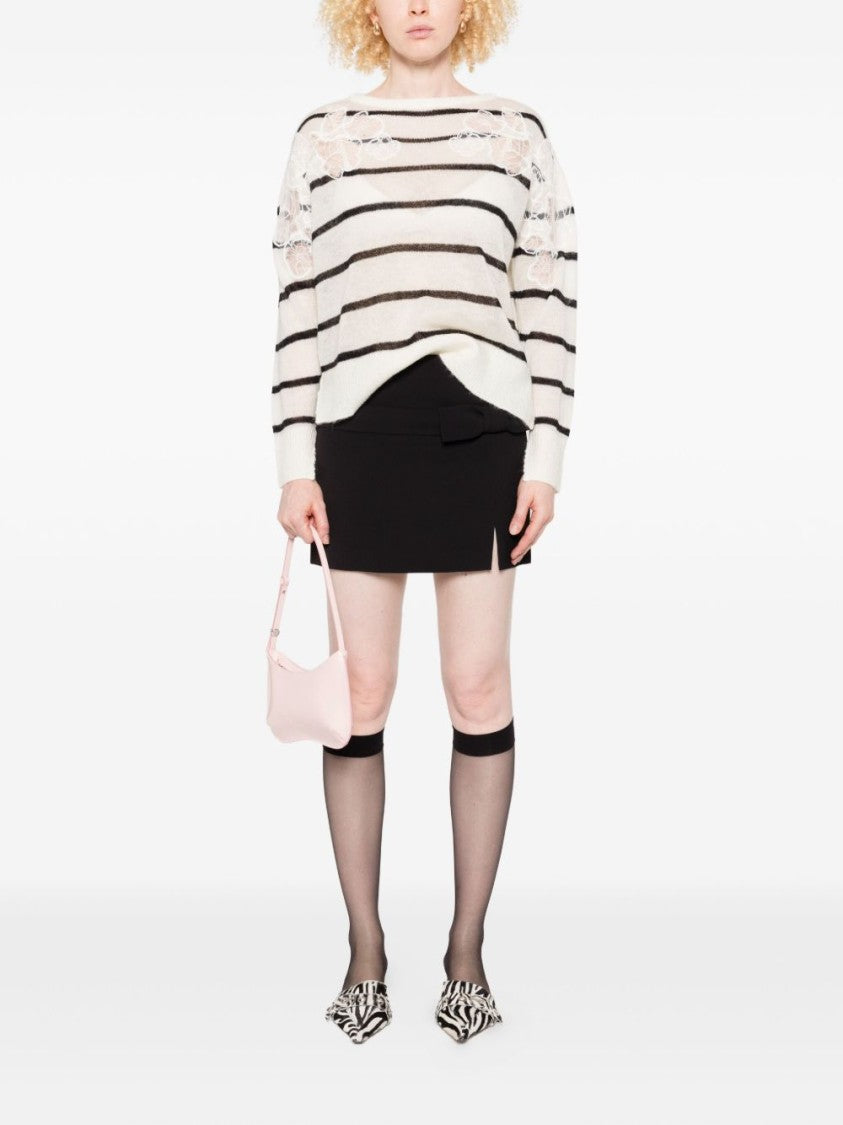 Twin-Set Off-White Knit Sweater With Black Stripes And Lace Embellishments