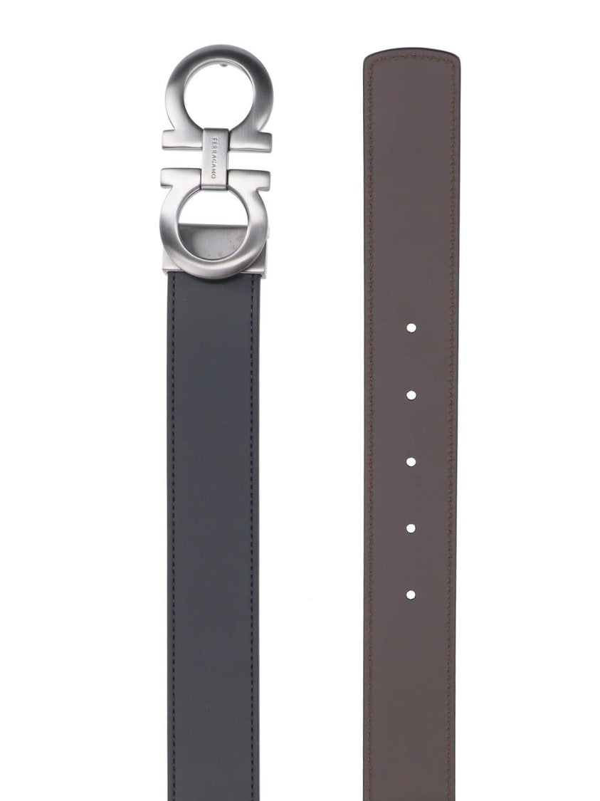 Ferragamo Reversible Leather Belt With Distinctive Silver Buckle