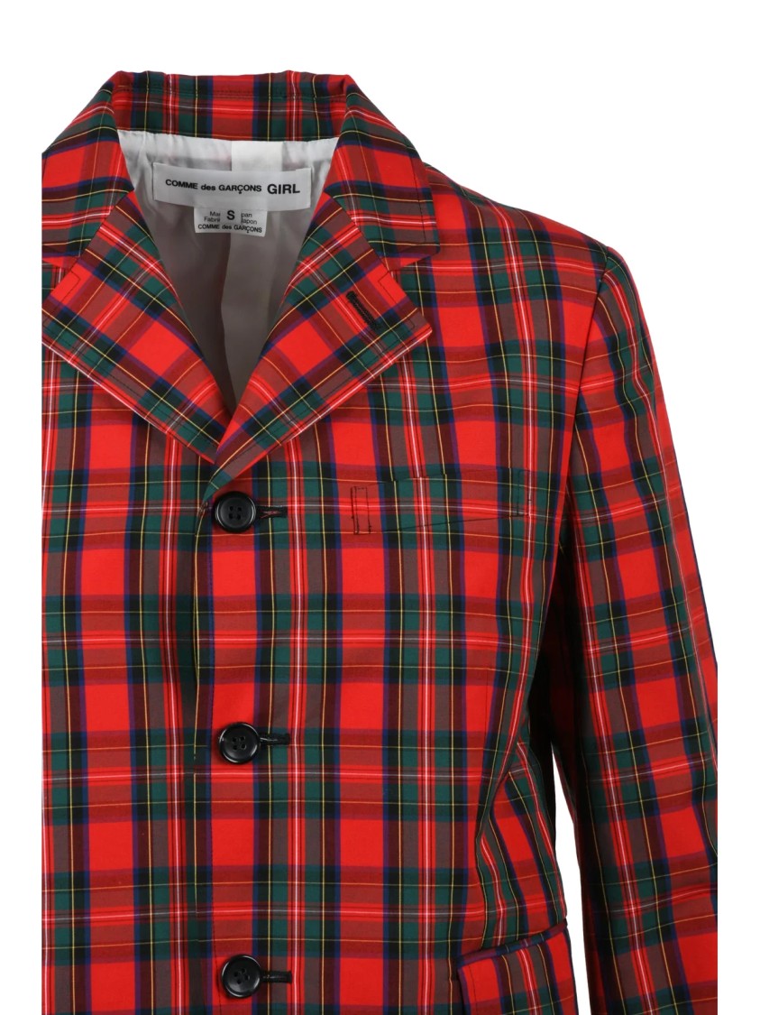 Comme Des Garçons Red Green Cropped Plaid Cotton Button Jacket