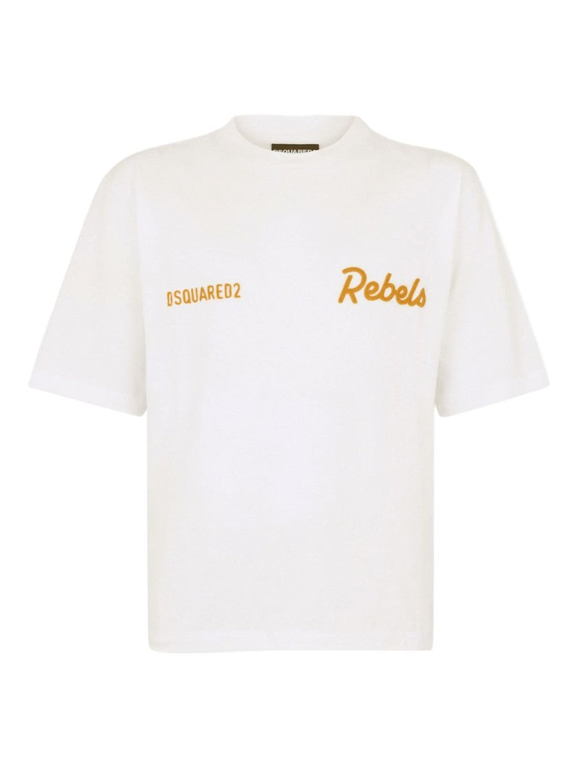 Dsquared2 White Cropped Lettering Embroidered Cotton T-Shirt