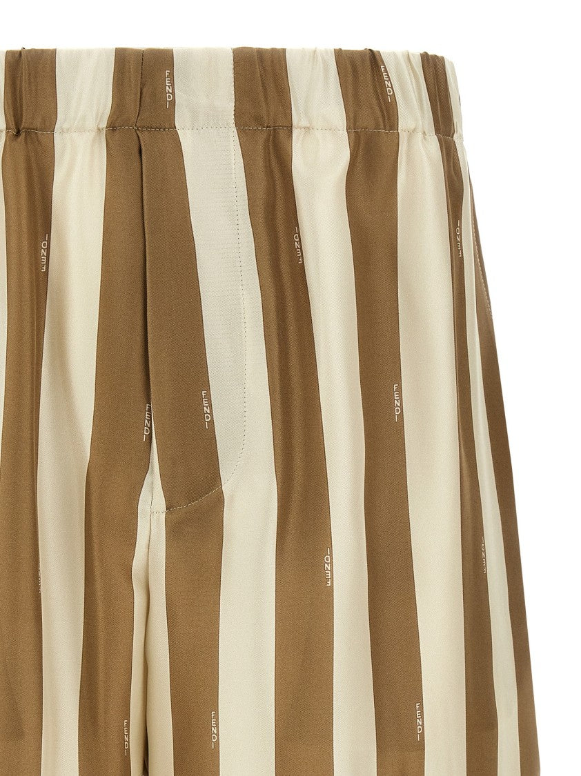 Fendi Silk Bermuda Shorts With Iconic Pecin Stripes And Elastic Waistband