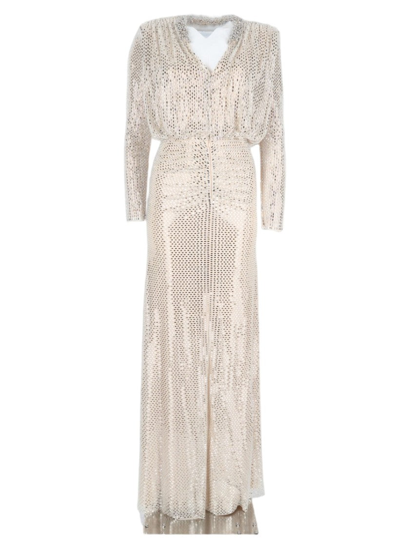 Self-Portrait Ivory Dotted V-Neck Flared Maxi Dress