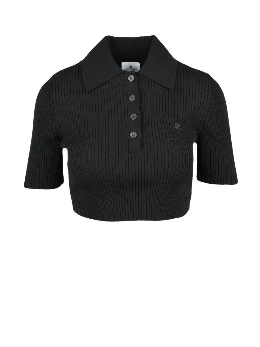 Courrèges Ribbed Short Knit Polo With Classic Collar And Embroidered Logo