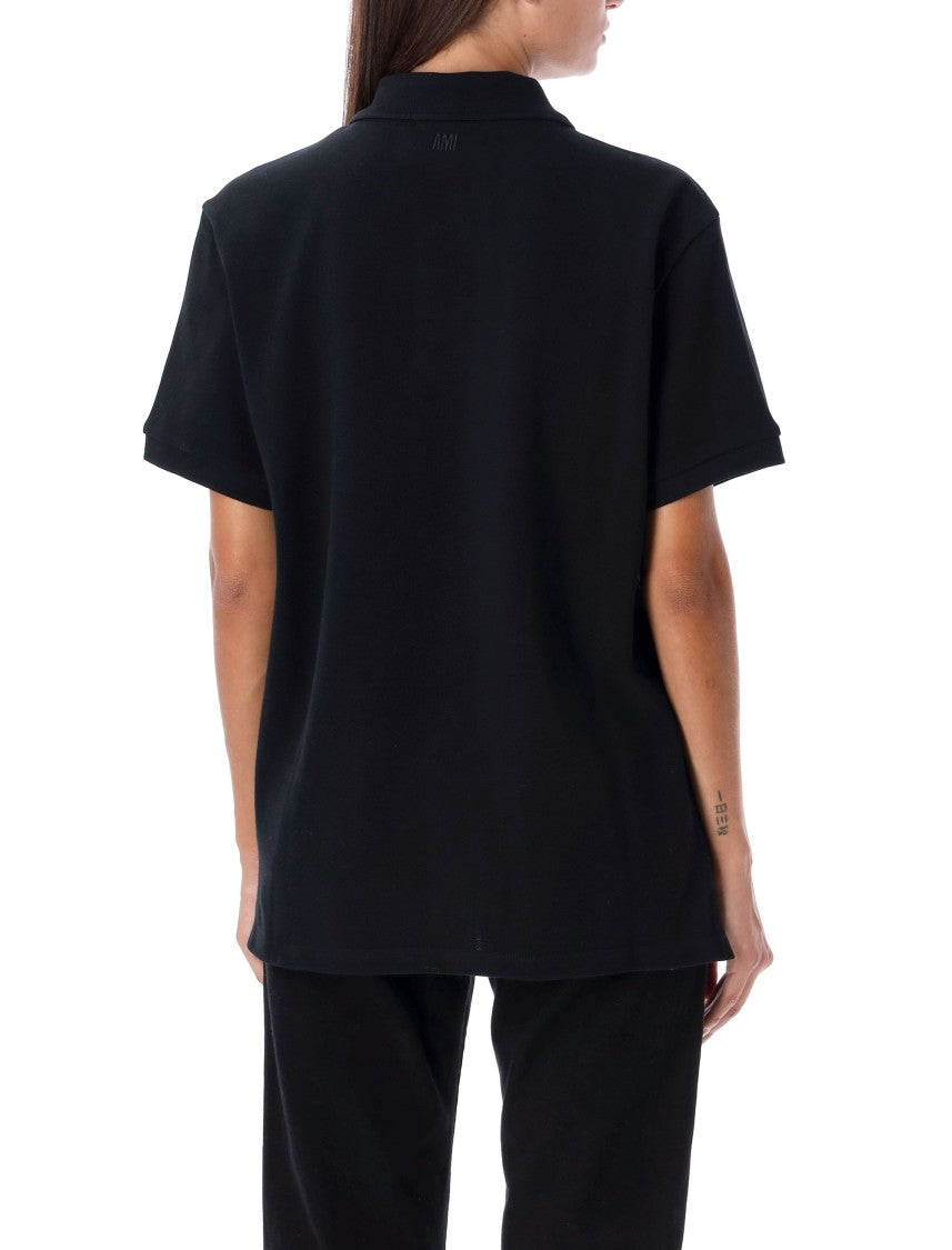 Ami Paris Classic Black Polo Shirt With Iconic Heart Logo