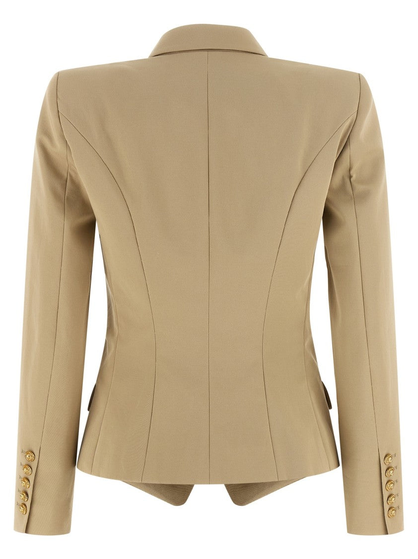 Balmain Brown Double-Breasted Cotton Gabardine Blazer With Lion Head Buttons