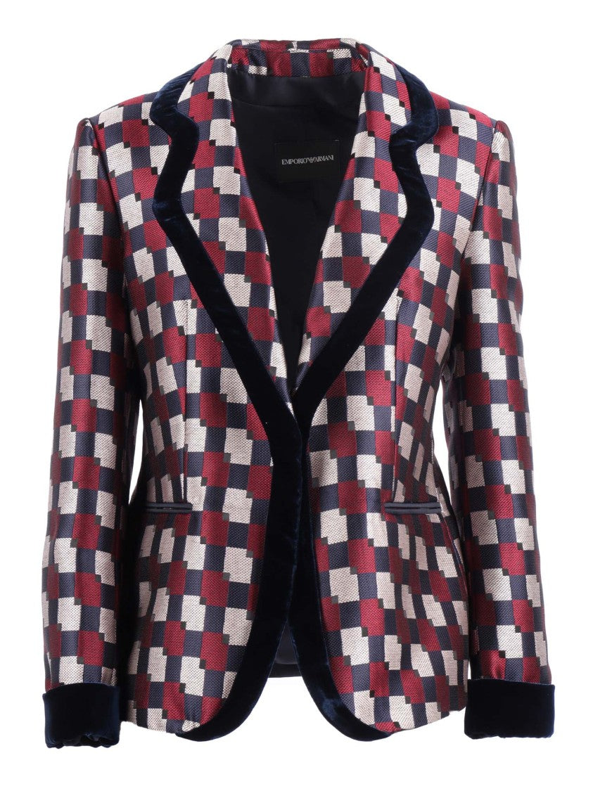 Emporio Armani Geometric Checkered Blazer With Velvet Trim
