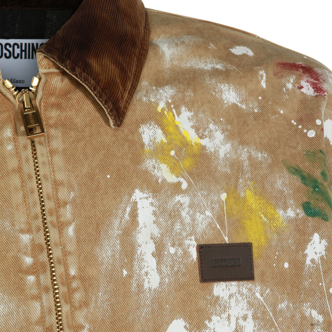 Moschino Sand Leather Casual Jacket With Artistic Paint Details