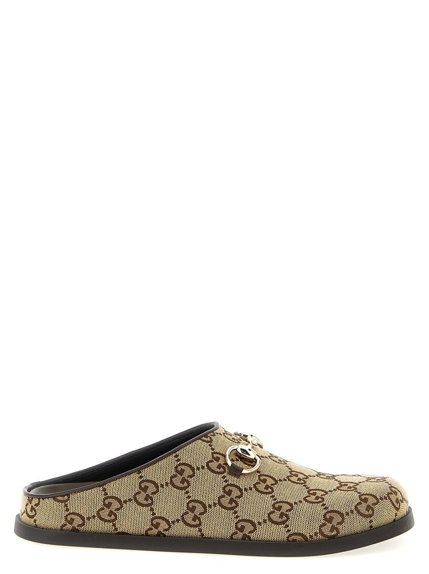 Gucci Gg Fabric Sabots With Leather Trim And Iconic Horsebit Detail