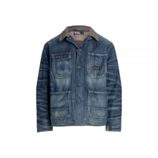 Polo Ralph Lauren Faded Blue Denim Jacket With Contrasting Brown Collar And Patch Pockets