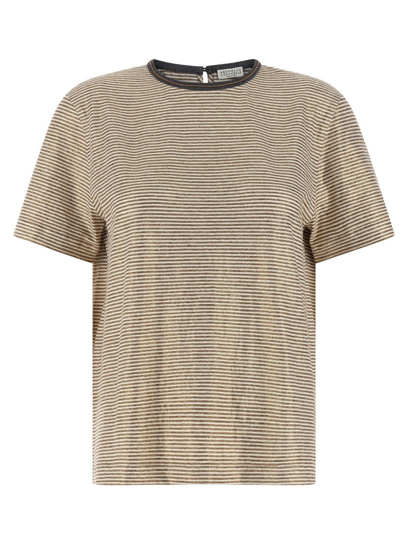 Brunello Cucinelli 'Shiny Collar Detail' Striped Linen T-Shirt
