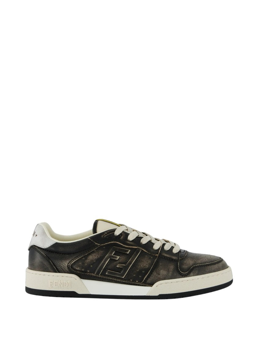 Fendi Distressed Black Leather Low-Top Sneakers With Ff Logo