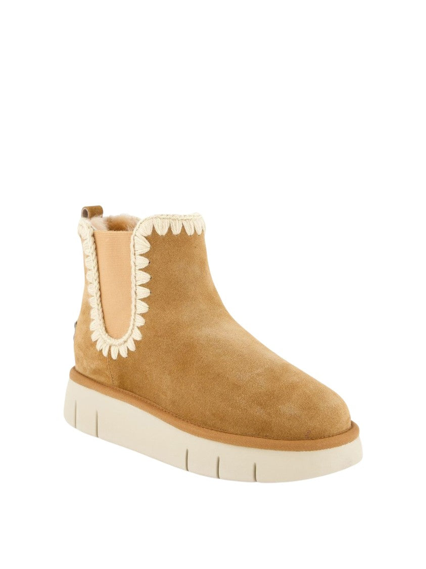 Mou Bounce Brown Crocheted Wool Trim Suede Ankle Boots
