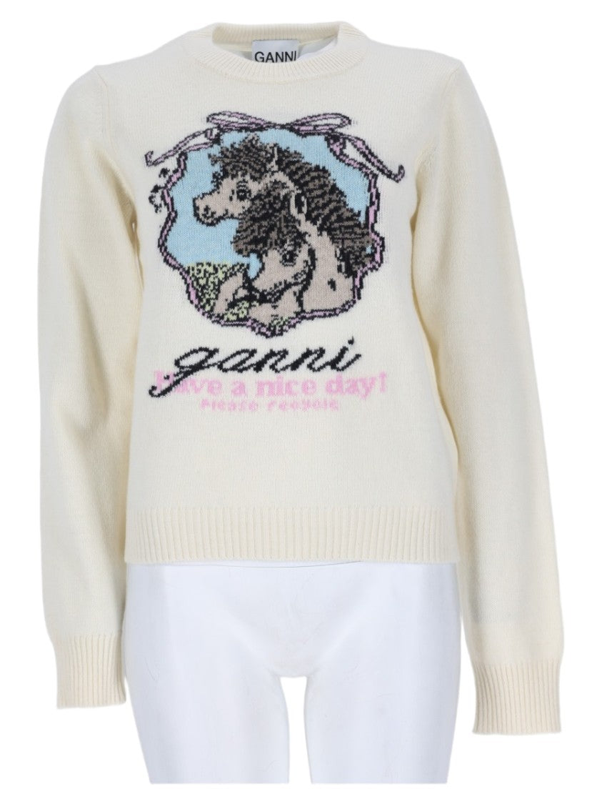 Ganni Soft Knit Sweater With Graphic Horse Design