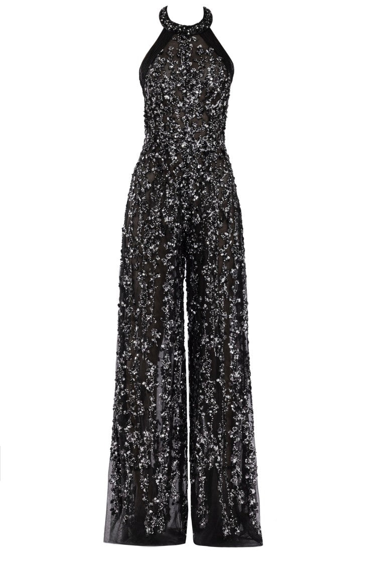 Saiid Kobeisy Tulle Beaded Jumpsuit With Halter Neckline