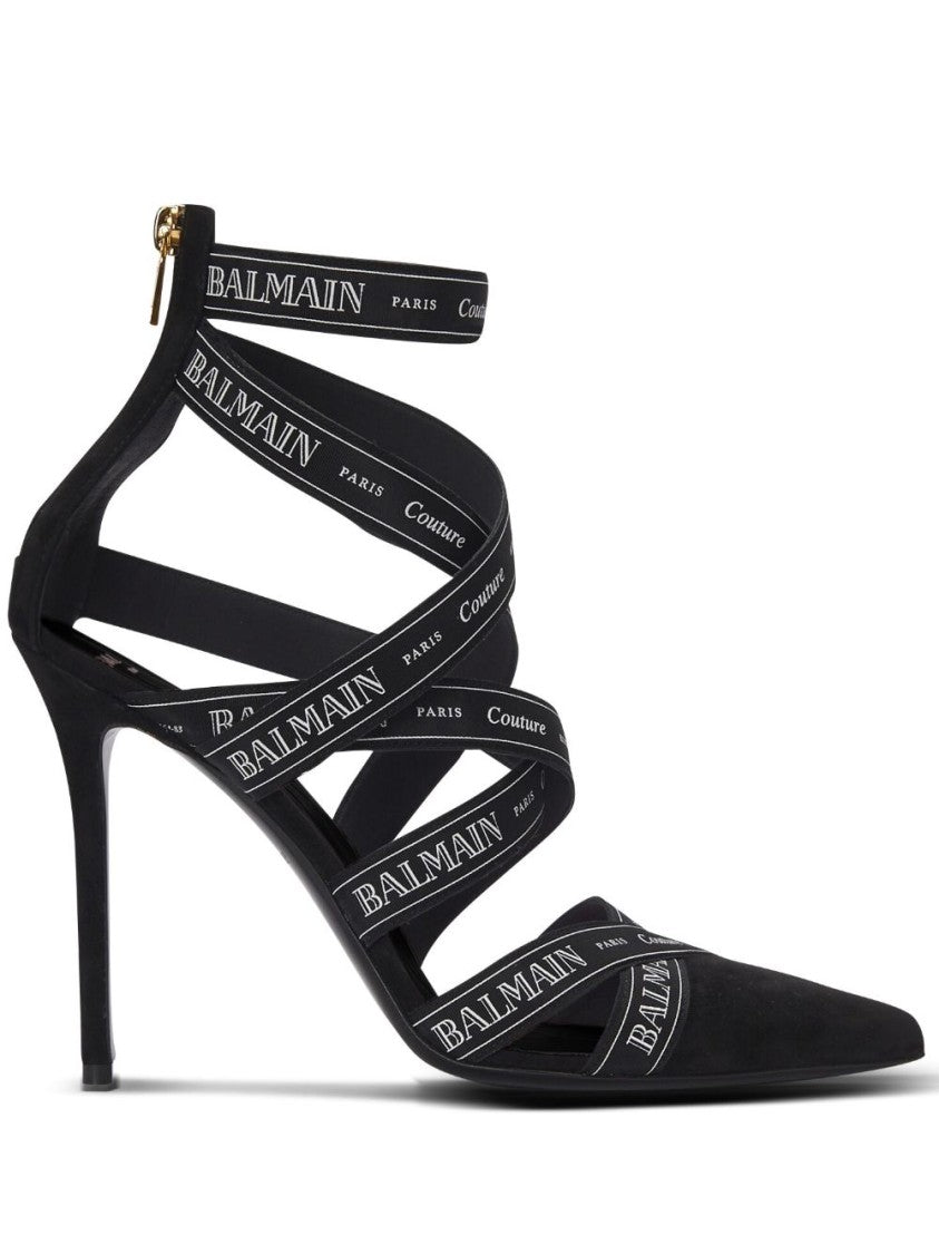 Balmain Black Logo Print Stiletto Suede Sandals