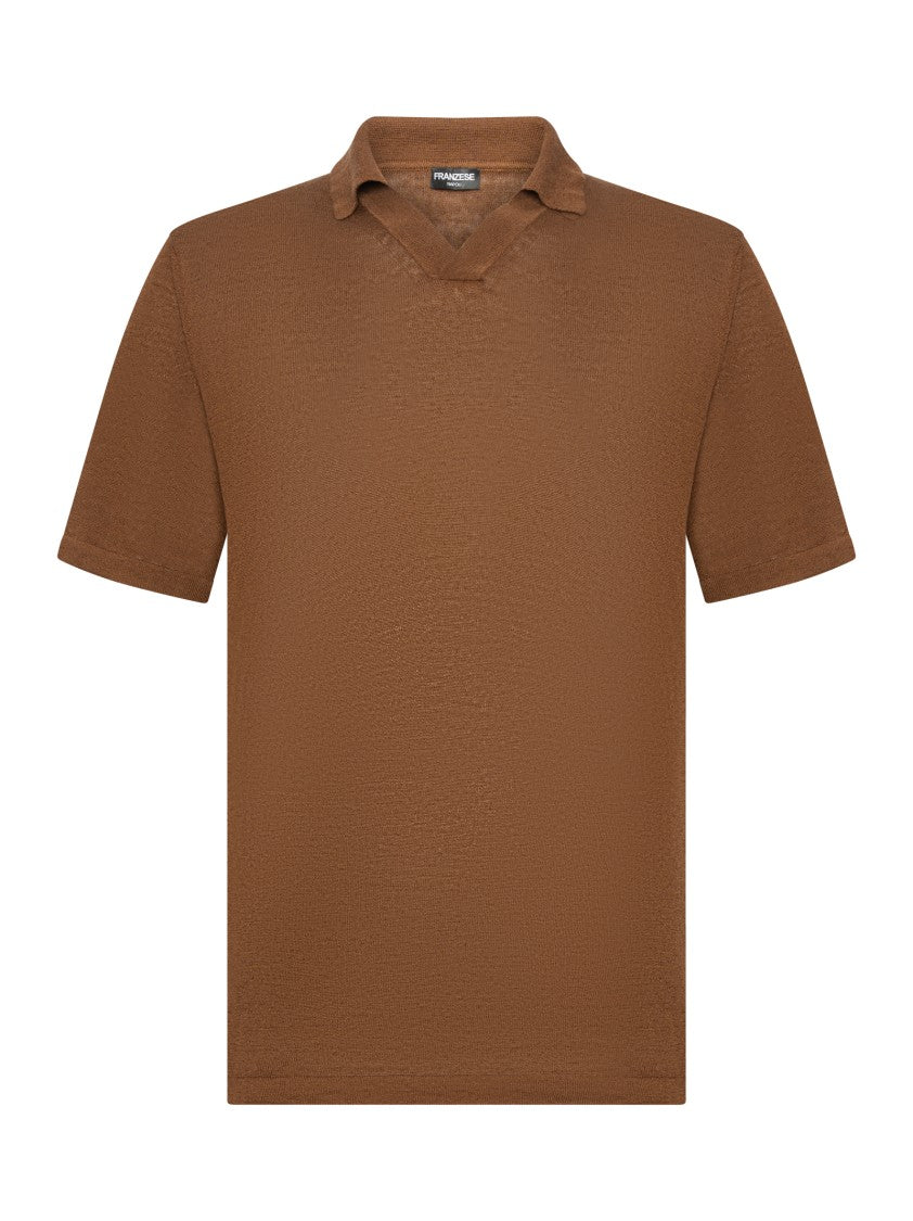 Franzese Collection Brown Linen-Cotton Polo Shirt With V-Neck