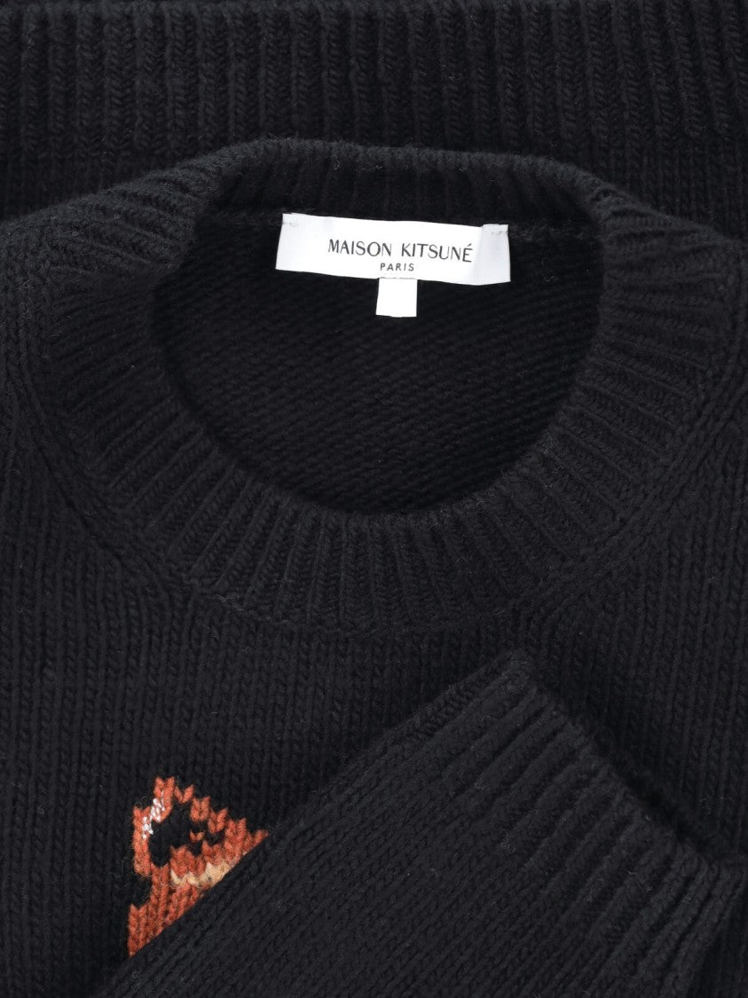 Maison Kitsuné Long Sleeve Black Sweater With Round Neckline