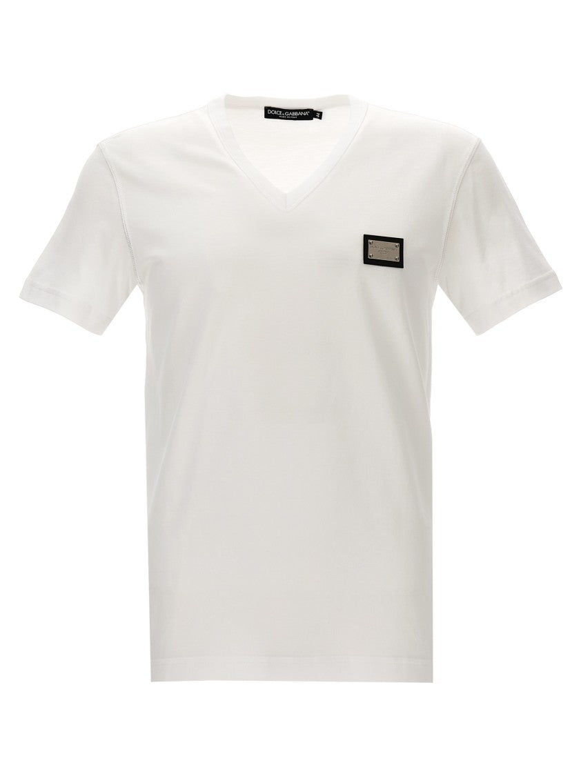 Dolce & Gabbana V-Neck White Cotton T-Shirt With Logo Plaque