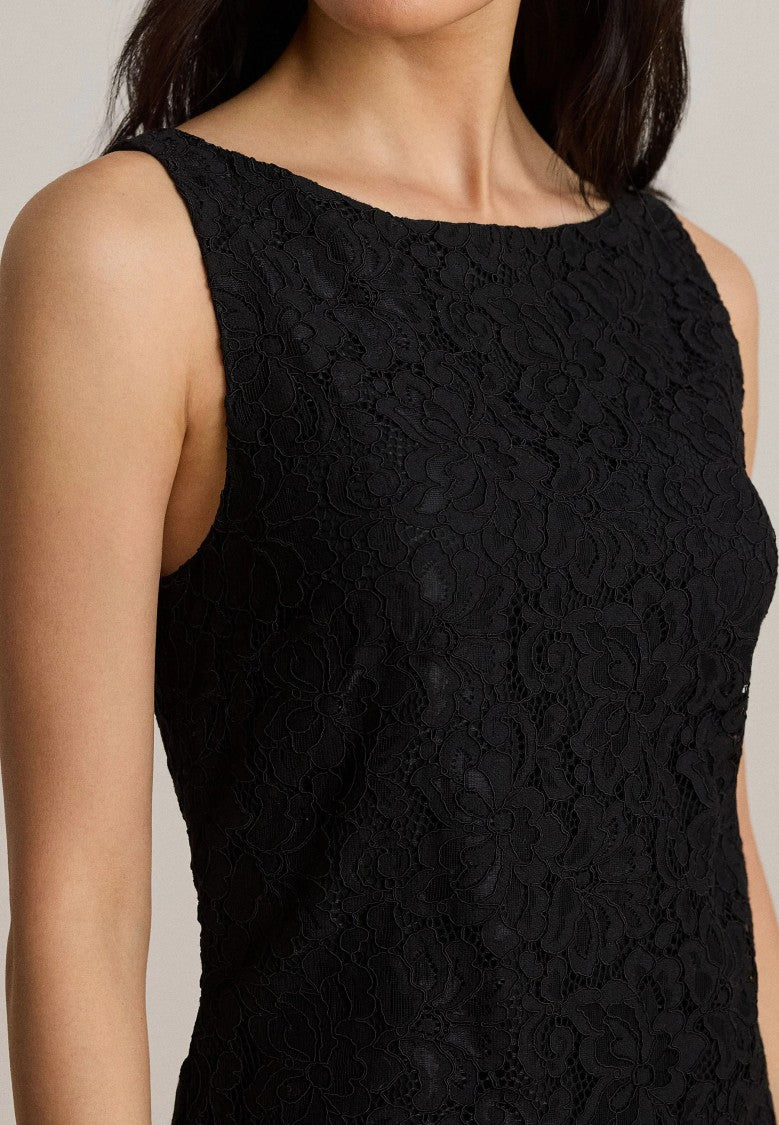 Lauren Ralph Lauren Fitted Black Floral Lace V-Back Midi Dress