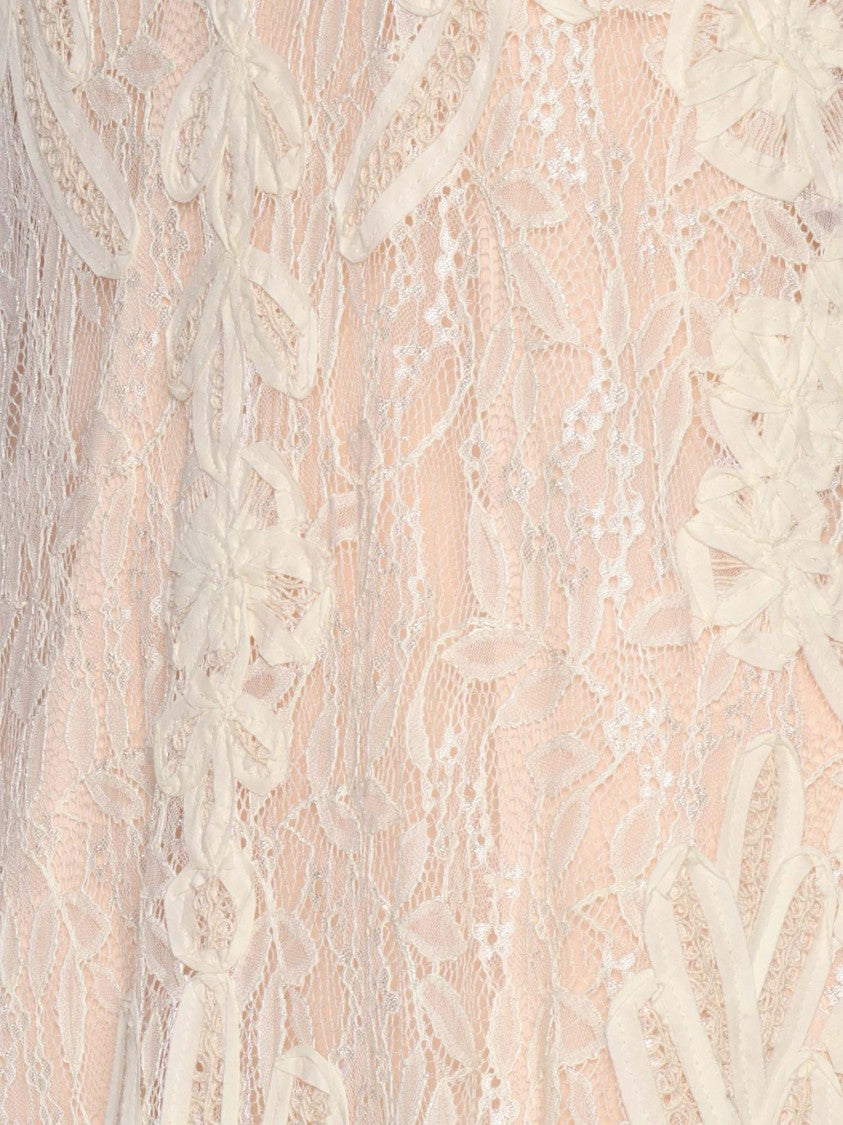 P.A.R.O.S.H. Intricate Floral Lace Maxi Dress With Deep V-Neckline