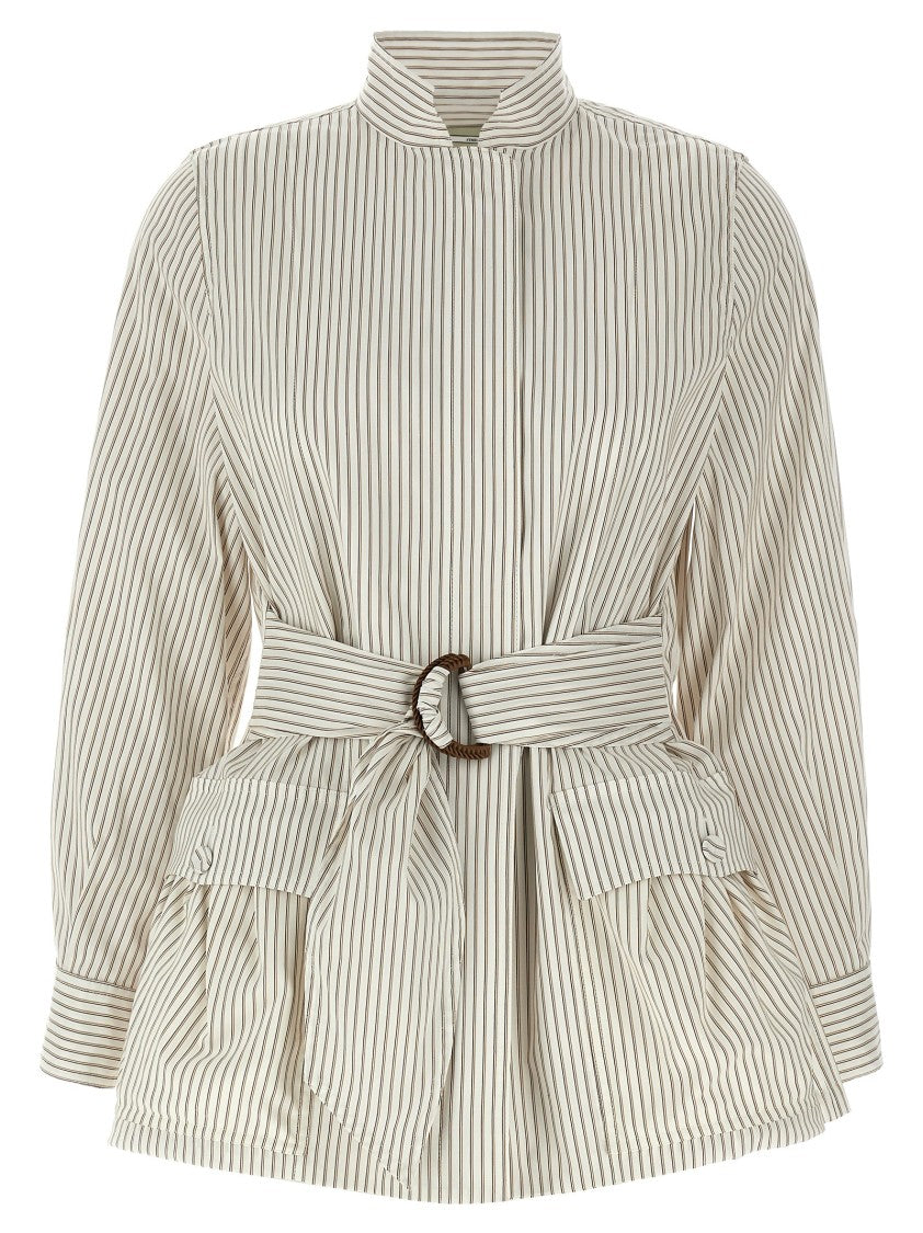 Fendi Contrasting Striped Cotton-Silk Blouson With Mandarain Collar