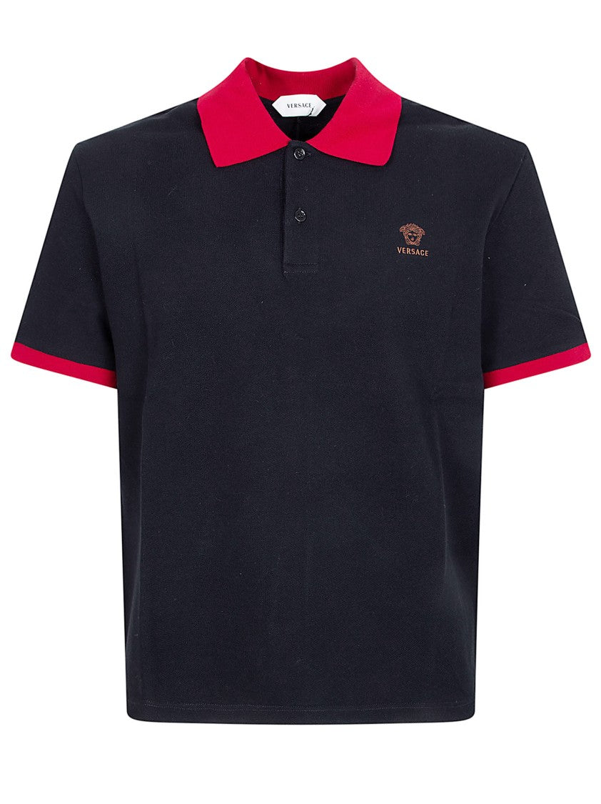 Versace Classic Black Polo Shirt With Contrasting Red Details