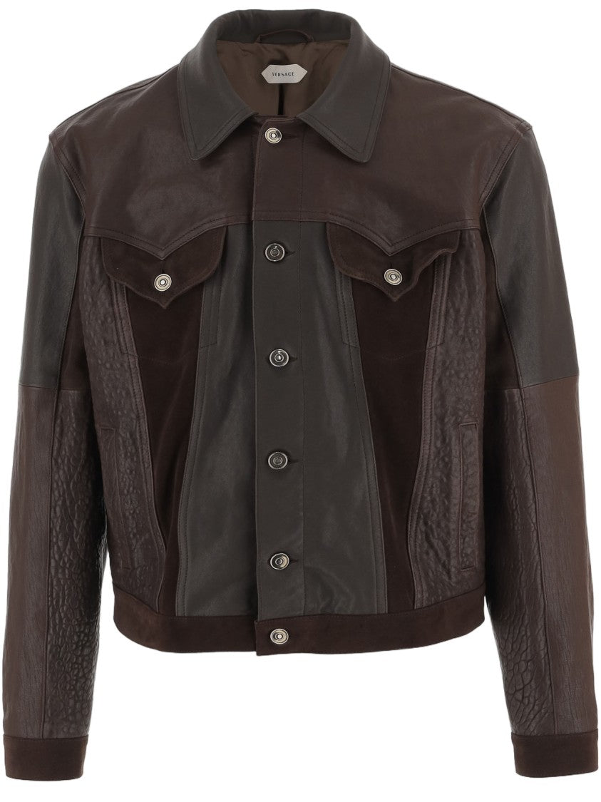 Versace Brown Leather Jacket With Pointed Collar