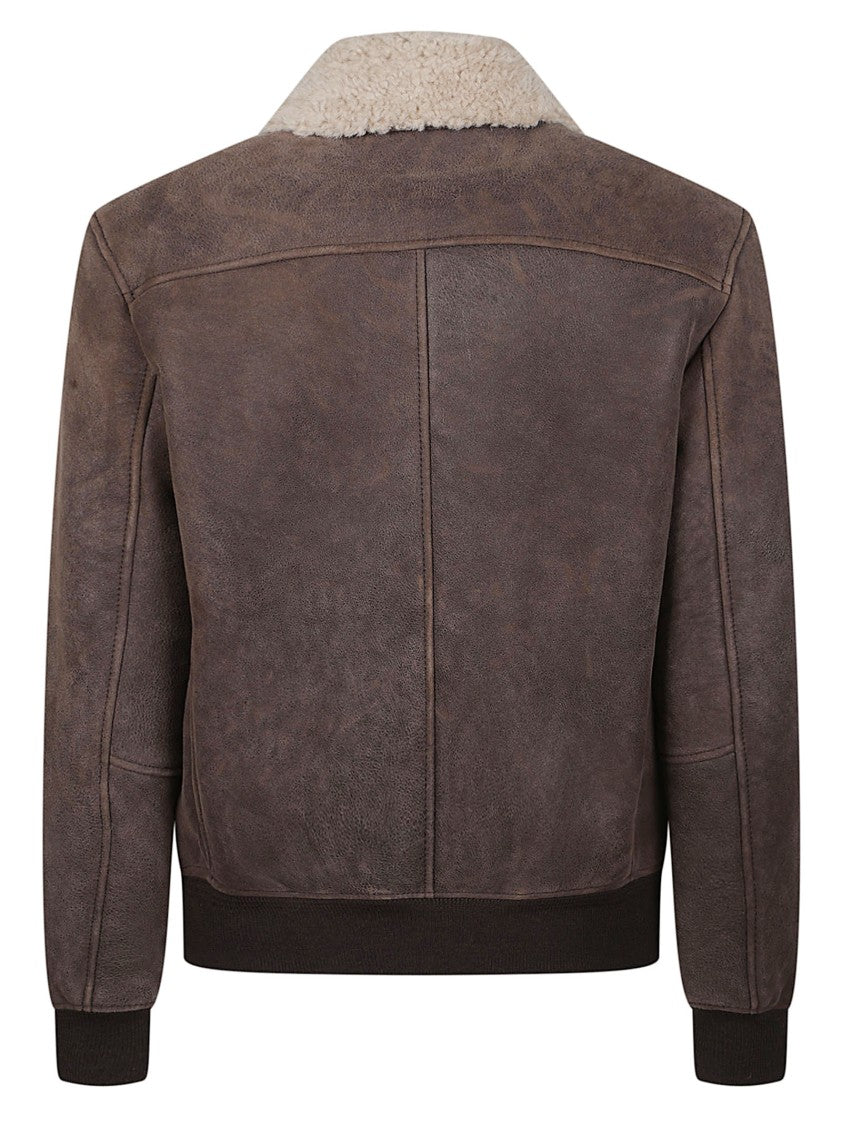 Stewart Sean Brown Leather Shearling Collar Bomber Jacket