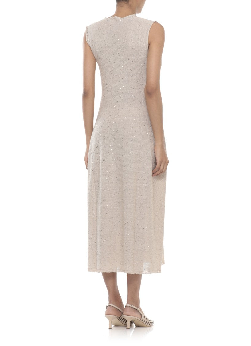 Antonelli Firenze Beige Midi Dress With Sequined Embellishments And Relaxed Silhouette