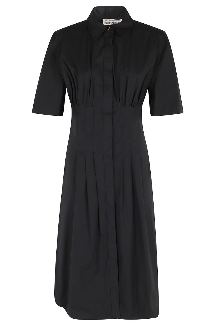 Semi Couture Black Sandra Shirt-Neck A-Line Cotton Midi Dress