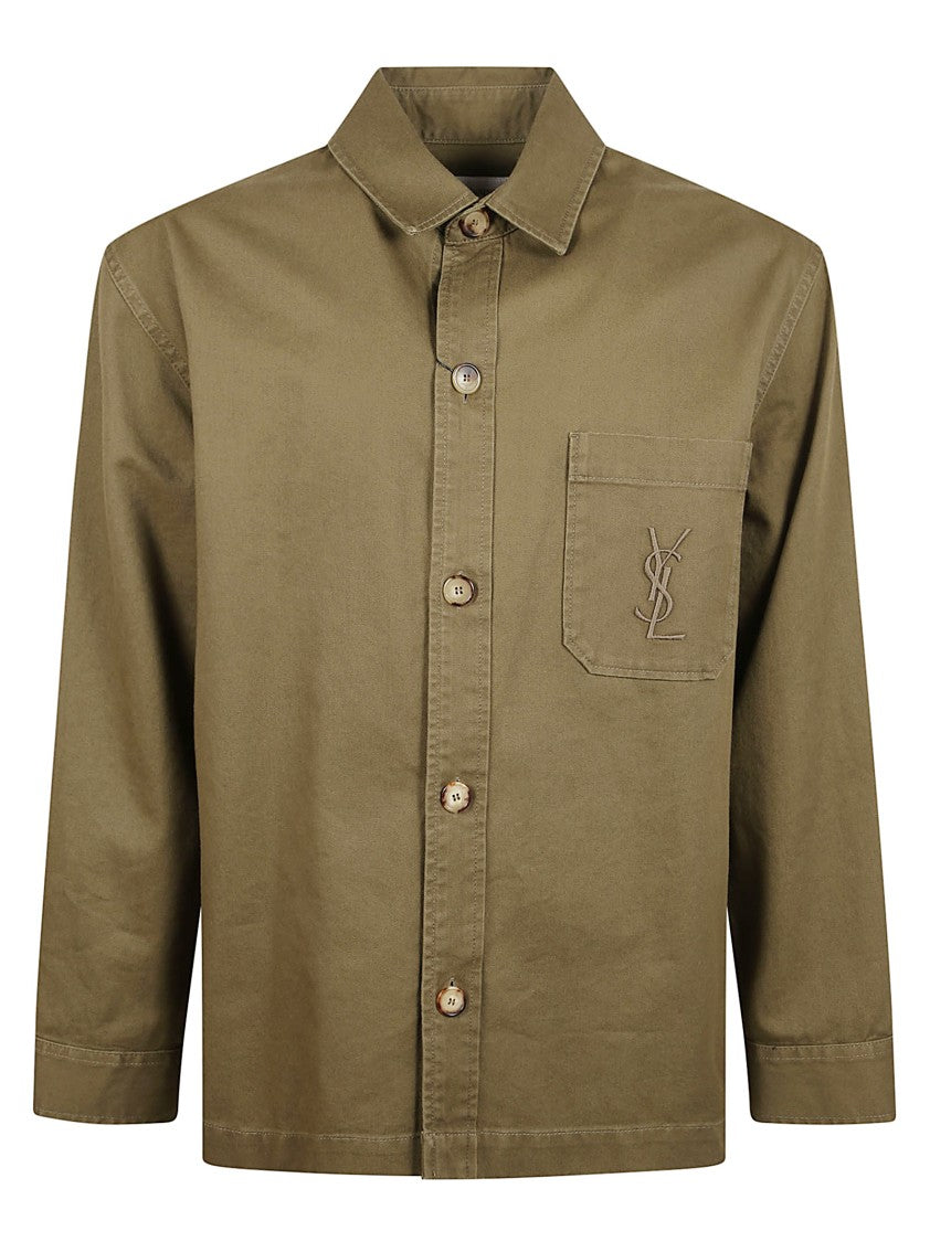 Saint Laurent Brown Cotton-Linen Blend Overshirt With Cassandre Embroidery