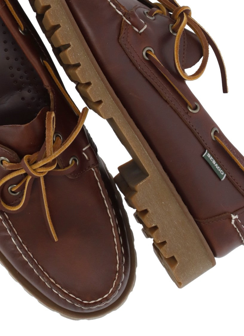 Sebago Brown Leather Textured Tread Boat Loafers