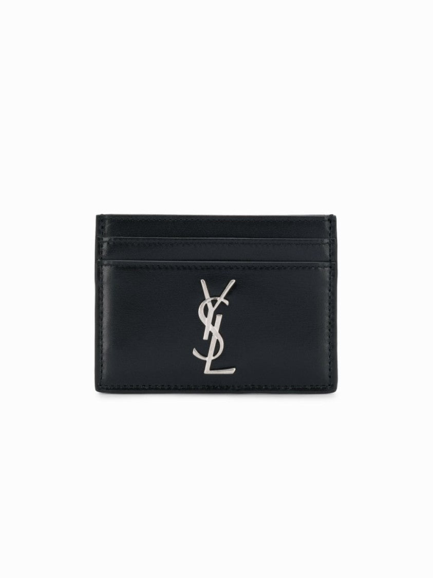 Saint Laurent Minimalist Black Calfskin Credit Cardholder With Logo Embellishment