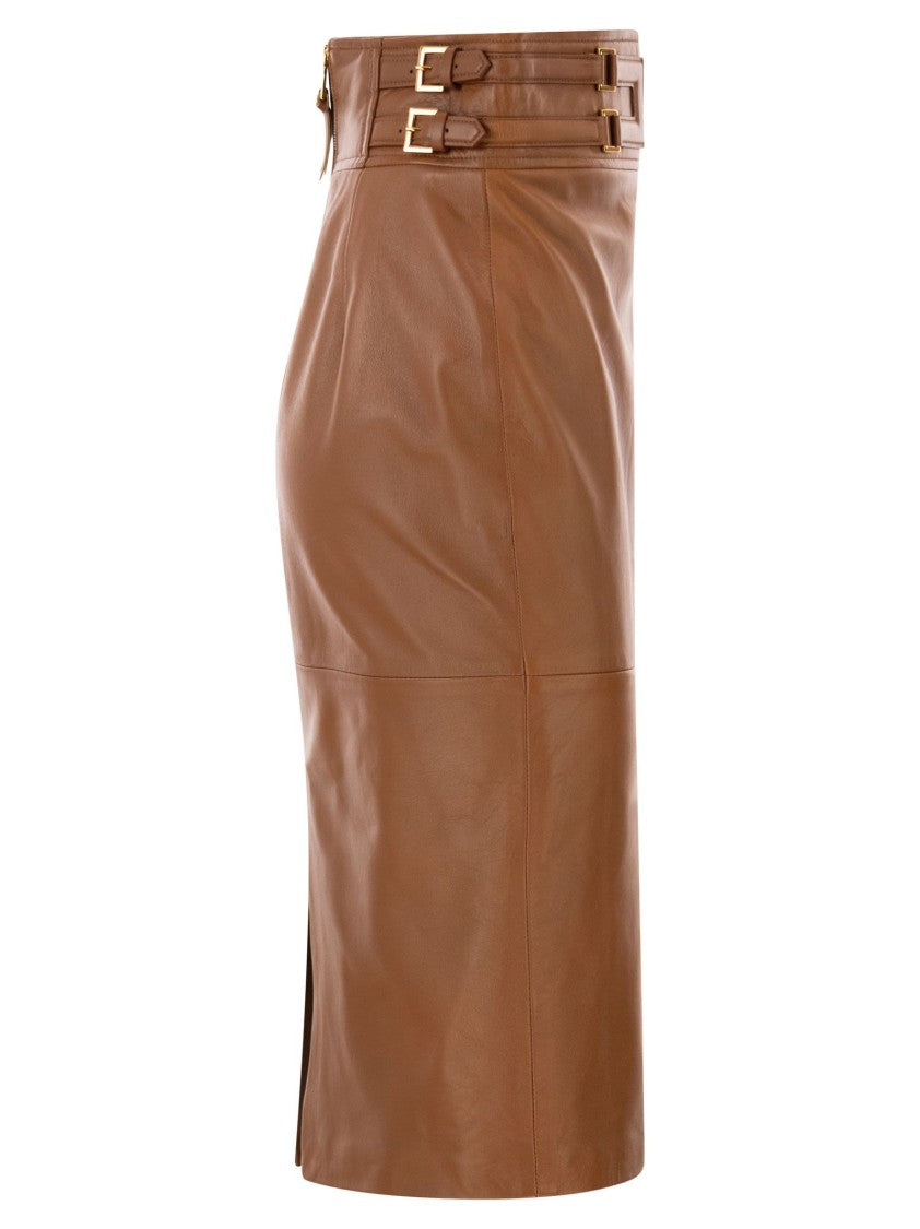 Elisabetta Franchi Midi Leather Skirt With Embossed Logo