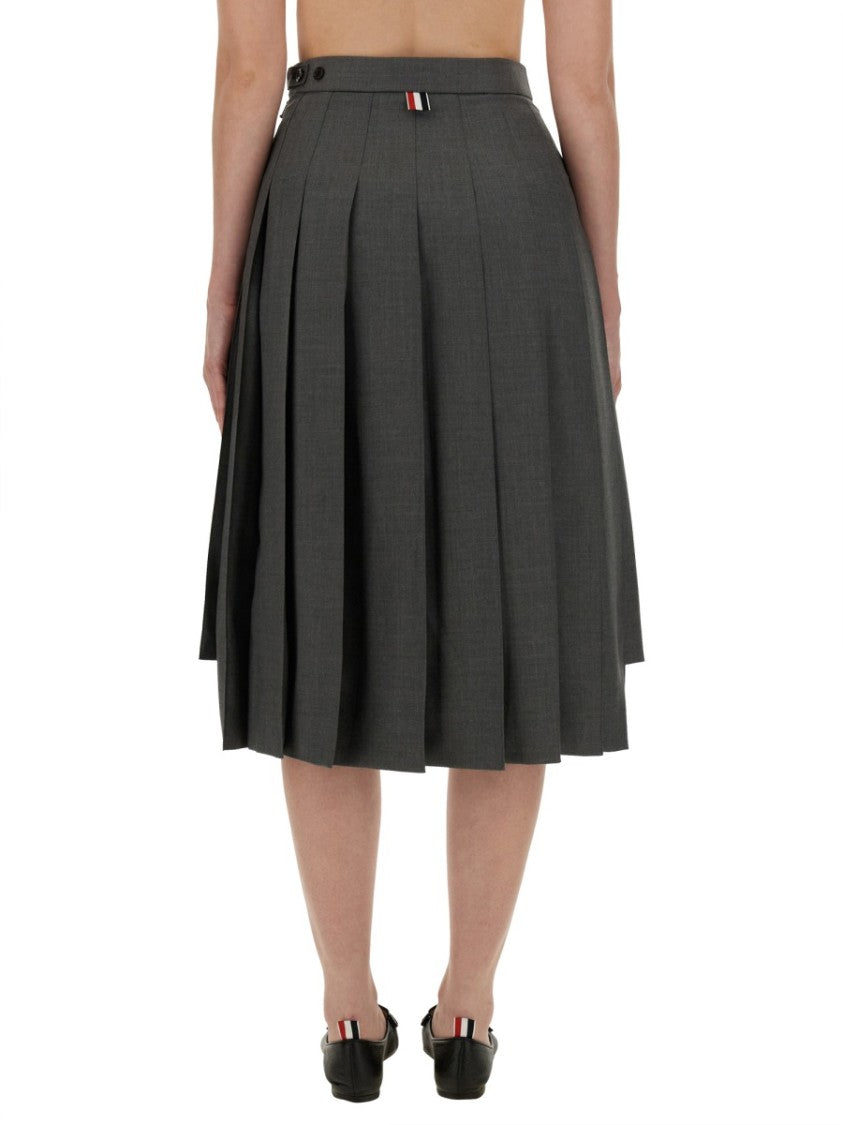Thom Browne Pleated Grey Midi Skirt With High-Low Hem