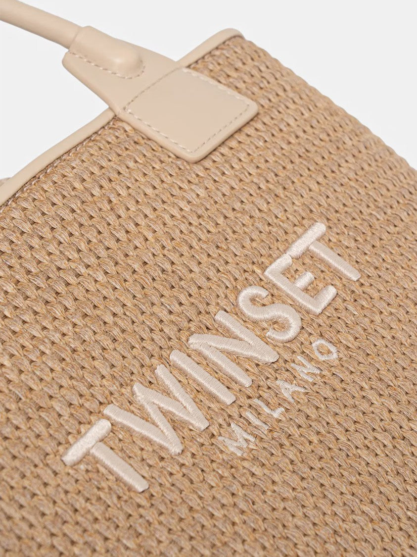 Twin-Set Parchment Rectangular Woven Handbag