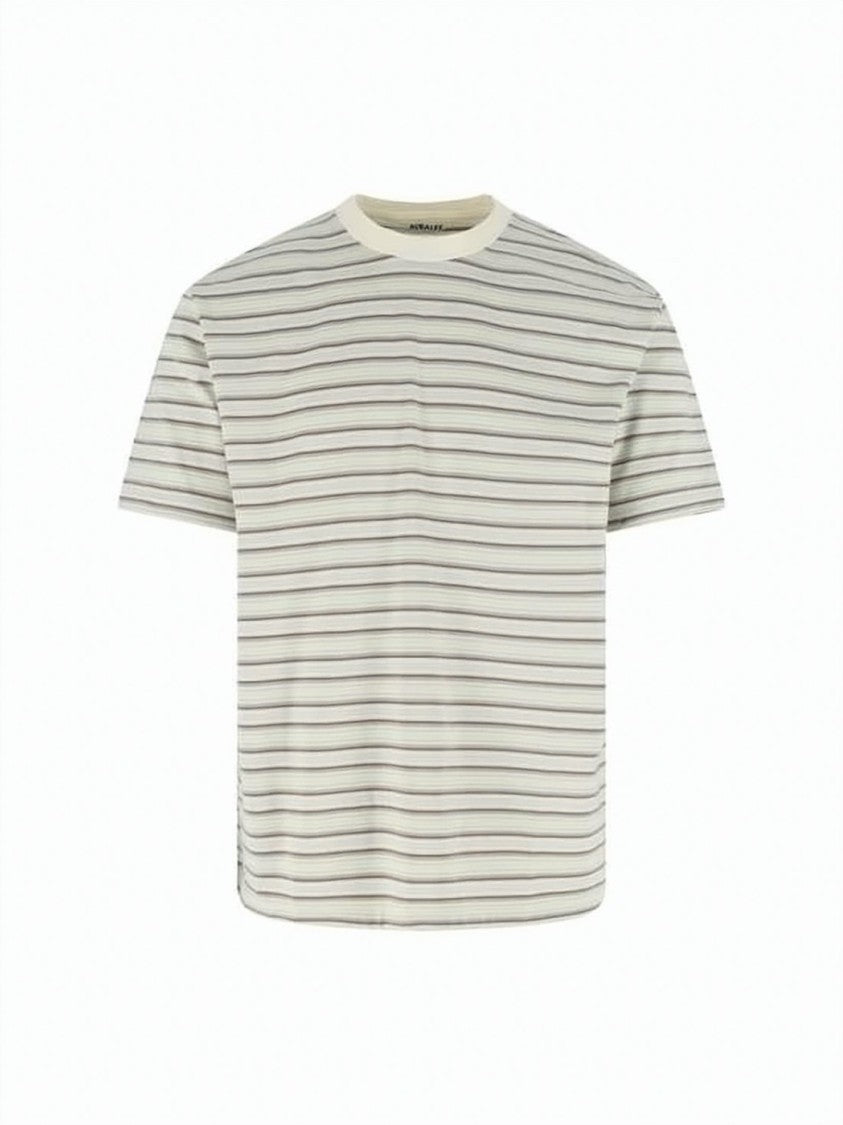 Auralee Crew Neck Striped T-Shirt In Lightweight Cotton
